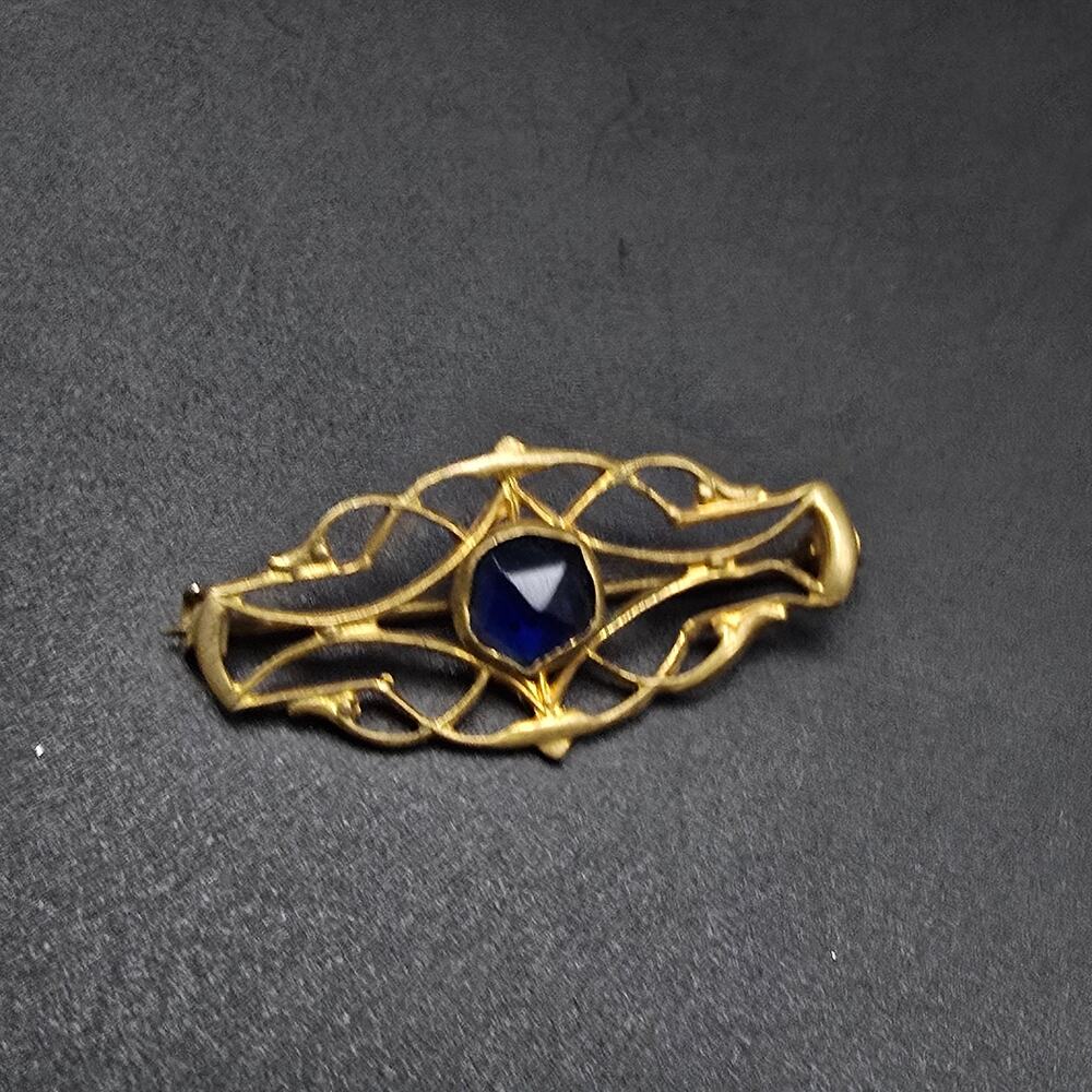 Gold Tone Blue Glass Bar Brooch Vintage C Clasp Jewelry